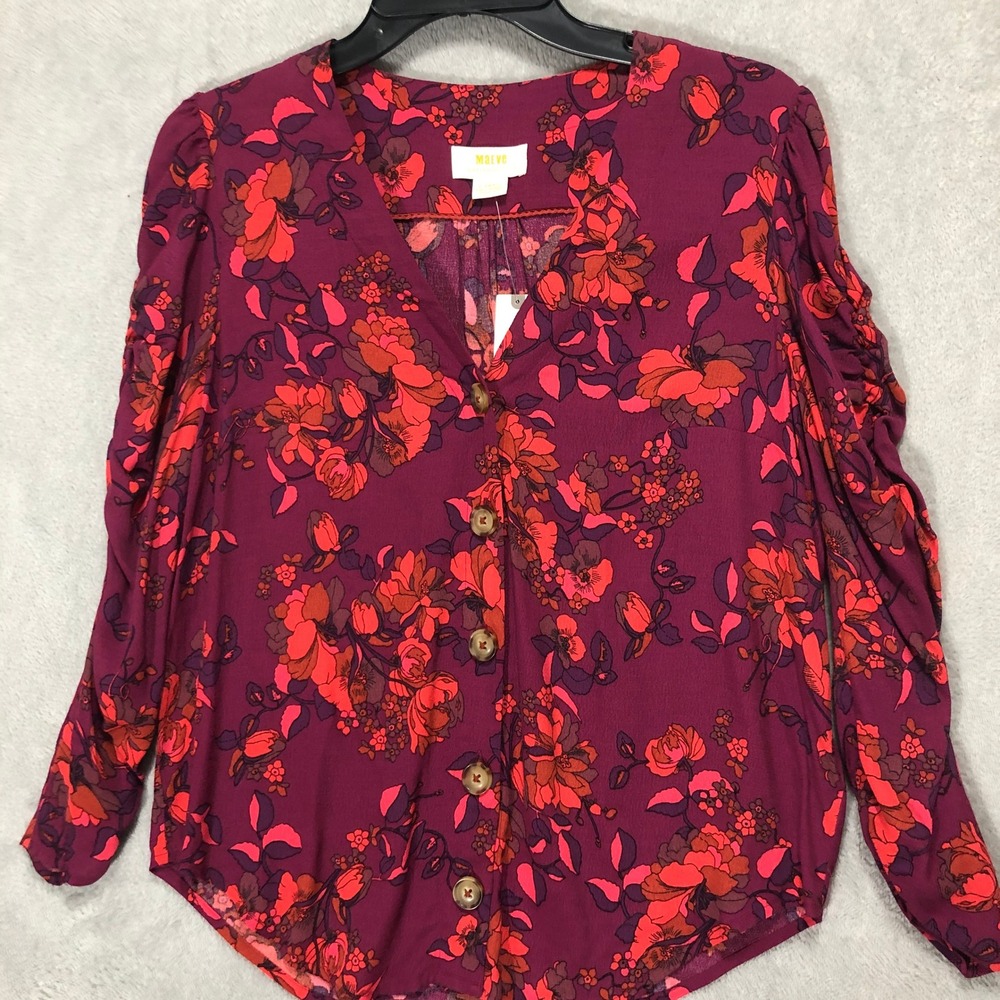Maeve Anthropologie Floral Blouse Ruched Sleeve Button Down Top XS